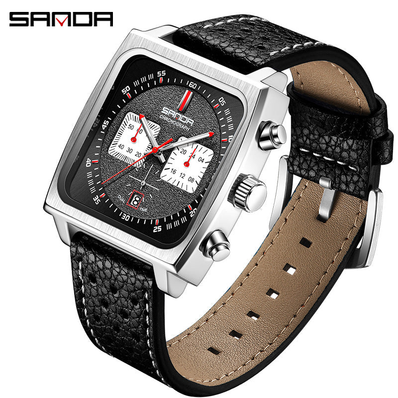 HHSUIRO- Men's Square Large Leather Strap Watch