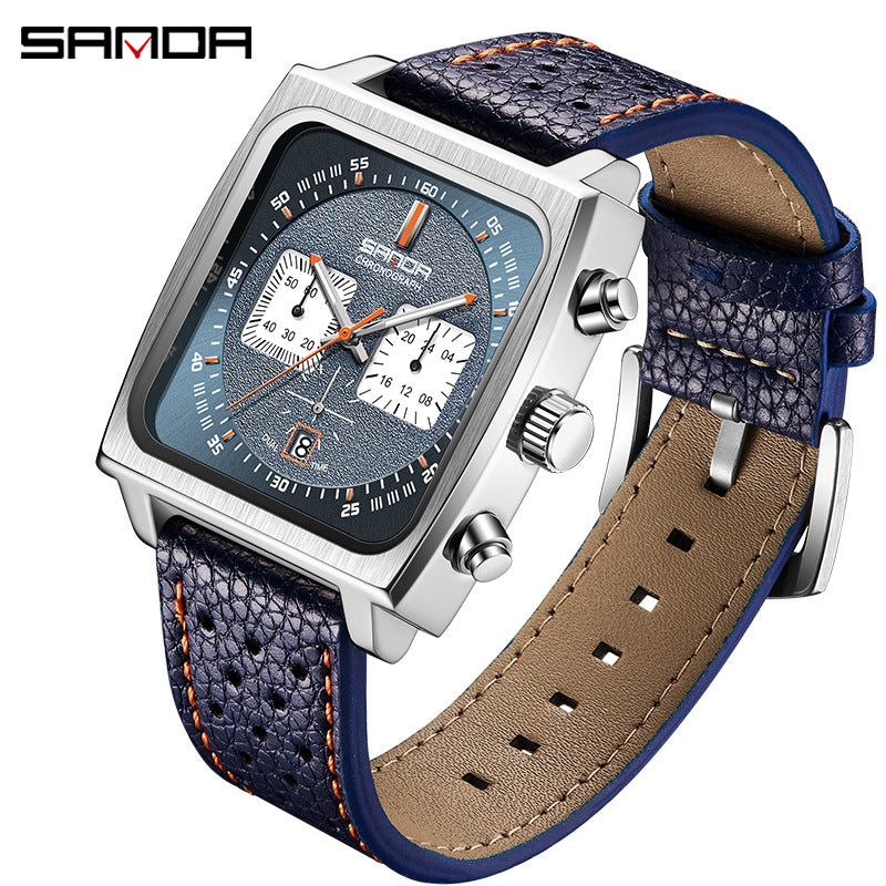 HHSUIRO- Men's Square Large Leather Strap Watch